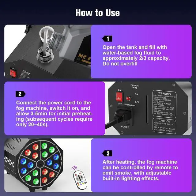 Alt view image 6 of 7 - Mini 500W 18-LED R/G/B Fog Machine Controlled by Remote with LED Auto-Chasing,Jump,Pulse,Strobe Mode and 7 Static Colors Ideal for Halloween Events,DJ Visual enhancements & Stage Productions