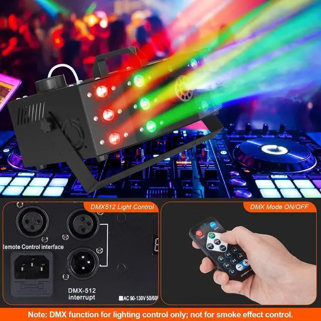 Alt view image 6 of 7 - Fog Machine Smoke Machine with 12 LED Colorful Beam Light DMX Light Control & Manual Control & Wireless Remote Perfect for Indoor Outdoor Wedding, Halloween, Party and Stage Effect