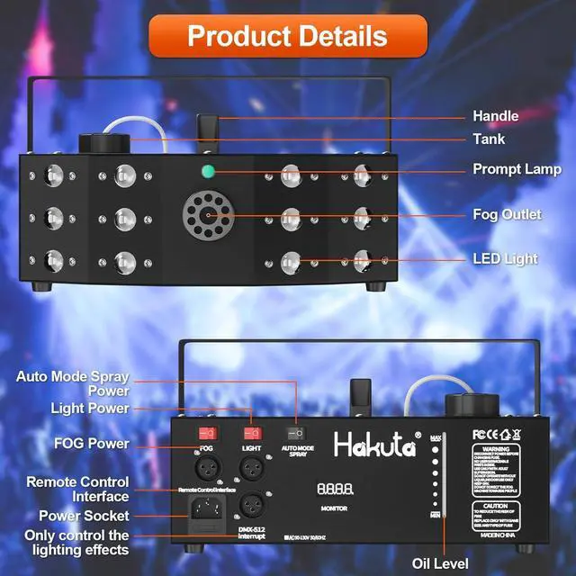 Alt view image 7 of 7 - Fog Machine Smoke Machine with 12 LED Colorful Beam Light DMX Light Control & Manual Control & Wireless Remote Perfect for Indoor Outdoor Wedding, Halloween, Party and Stage Effect