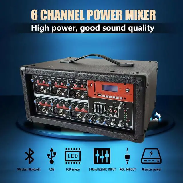 Alt view image 2 of 7 - S-1202 12inch 2000W Bluetooth PA System with Powered Mixer Set, Passive Speakers with 6 Channel Mixer/Stands/Mic/Effect Controller/ 48V Phantom Power,for Indoor&Outdoor