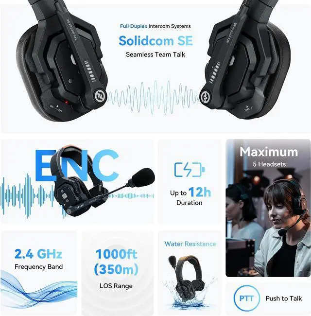 Alt view image 2 of 7 - Hollyland Solidcom SE Full Duplex 2-Users ENC Noise Cancellation Wireless Intercom Headset System 1100ft Team Communication with PTT Mute Single Ear Headset for TV Film Production (2.4GHz Version)