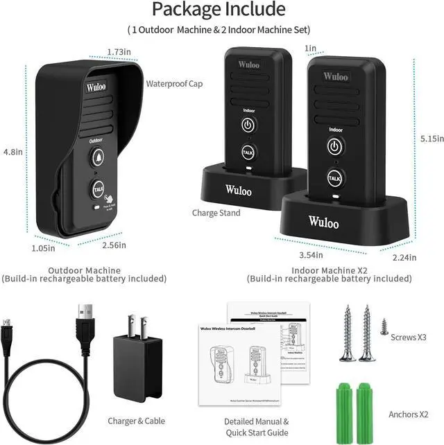 Alt view image 2 of 7 - Wireless Intercom Doorbells for Home Classroom, Intercomunicador Waterproof Electronic Doorbell Chime with 1/2 Mile Range 3 Volume Levels Rechargeable Battery (Black, 1&2)