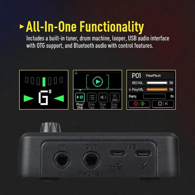 Alt view image 4 of 7 - Pocket Master-Portable Multi Effects Pedal, 100+ Built-in Guitar/Bass/Acoustic Effects, Amp Modeling, IR Cabinets Simulation, Stereo OTG USB Audio Interface, Rechargeable Guitar Pedal (Black)