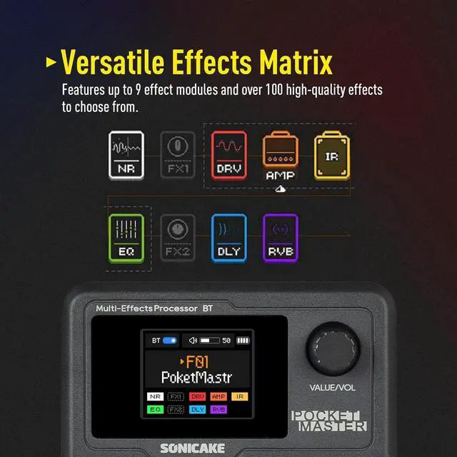 Alt view image 5 of 7 - Pocket Master-Portable Multi Effects Pedal, 100+ Built-in Guitar/Bass/Acoustic Effects, Amp Modeling, IR Cabinets Simulation, Stereo OTG USB Audio Interface, Rechargeable Guitar Pedal (Black)