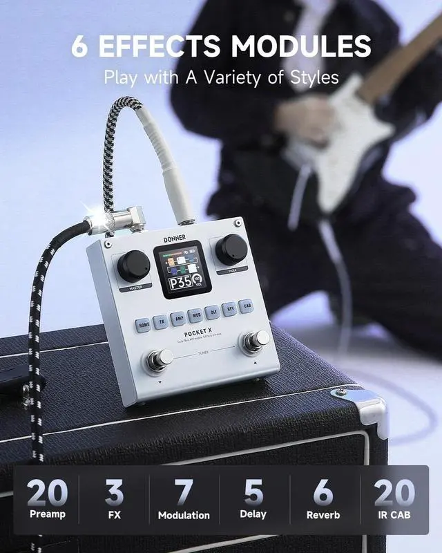 Alt view image 2 of 7 - Pocket-X Multi Effects Guitar Pedal Guitar/Bass AMP Modeler Multi Effects Processor Portable Rechargeable Guitar Pedal with 6 Effects Modules, 80 Presets, 20 IRs for Electric Guitar