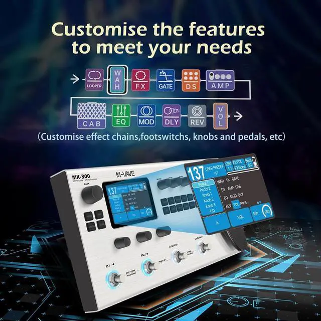 Alt view image 5 of 7 - MK-300 Guitar Bass AMP Modeler & Effects Processor with 320+ Effects, 160 Presets, Looper, Drum Machine, USB/BT 10H Battery for Live/Recording