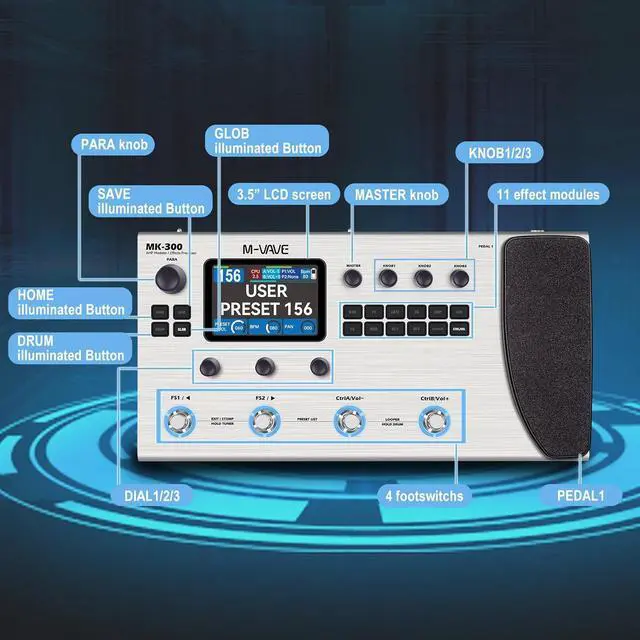 Alt view image 7 of 7 - MK-300 Guitar Bass AMP Modeler & Effects Processor with 320+ Effects, 160 Presets, Looper, Drum Machine, USB/BT 10H Battery for Live/Recording