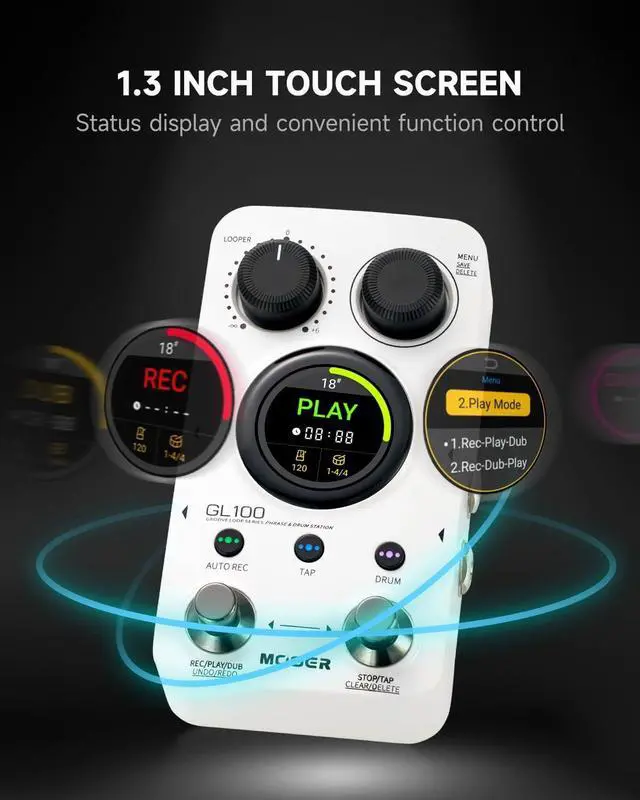 Alt view image 2 of 7 - GL100 Looper Pedal Drum Machine, 2 in 1 Drum Looper Guitar Pedal 1.3-inch Touchsreen with 300 Min in Total 100 Slots 220 Drum Grooves Auto-record Time Stretch Function Dedicated Editor Software