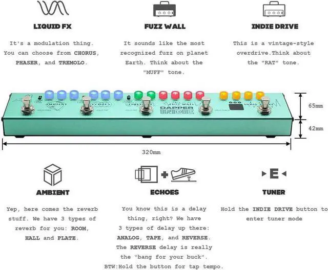 Alt view image 2 of 7 - Multi Effects Guitar Pedal Dapper Indie of Distortion Reverb Delay Chorus Fuzz And Phaser Tremolo for Indie Ambient Psychedelic Grunge Post Rock Stoner Metal Retro Alternative Tone