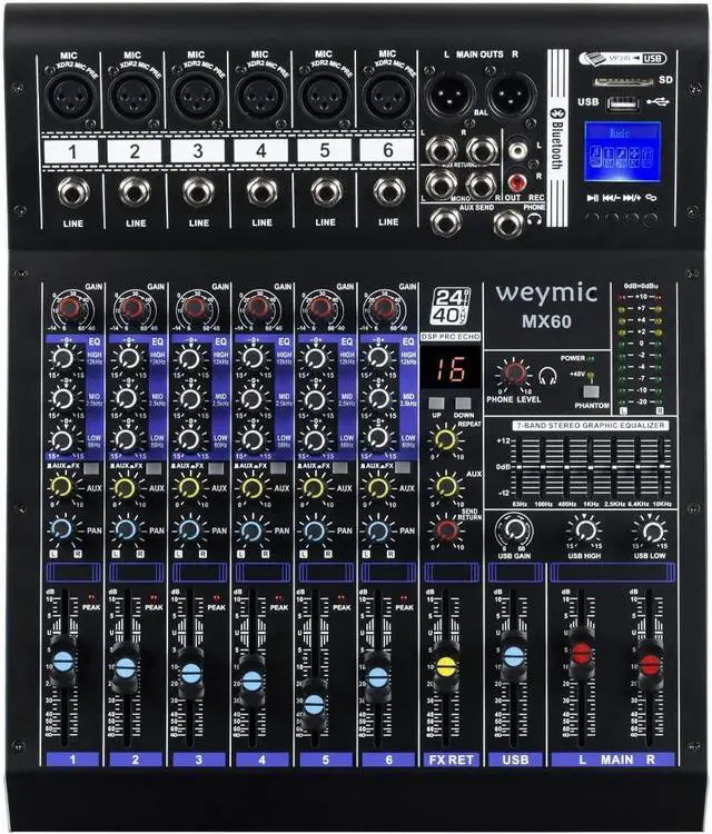 Main image of MX-60 Professional Mixer (6-Channel) for Recording DJ Stage Karaoke/W Graphic Equalizer and DSP Effector w/USB Drive for Recording Input, XLR Microphone Jack, 48V Power, RCA Output