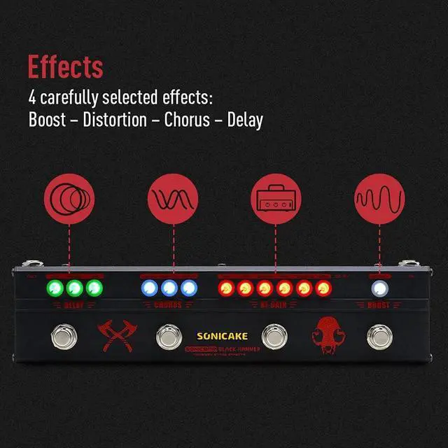 Alt view image 3 of 7 - Guitar Multi Effect Pedal Heavy Metal HiGain Distortion Boost Chorus Delay Guitar Pedal Black Hammer With Adapter