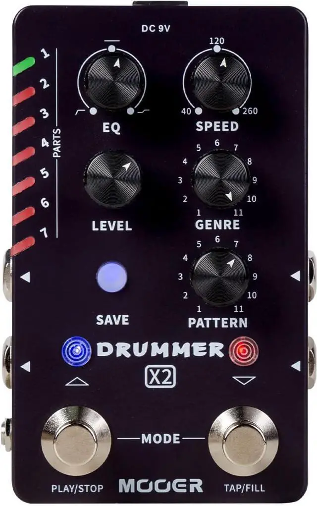 Main image of Drum Machine Guitar Pedal with 121 Drum Grooves 11 Music Styles 7 Rhythm Slots Fill Function Tap Tempo Knob for Electric Guitar Bass (X2)