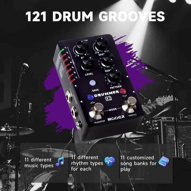 Alt view image 2 of 6 - Drum Machine Guitar Pedal with 121 Drum Grooves 11 Music Styles 7 Rhythm Slots Fill Function Tap Tempo Knob for Electric Guitar Bass (X2)