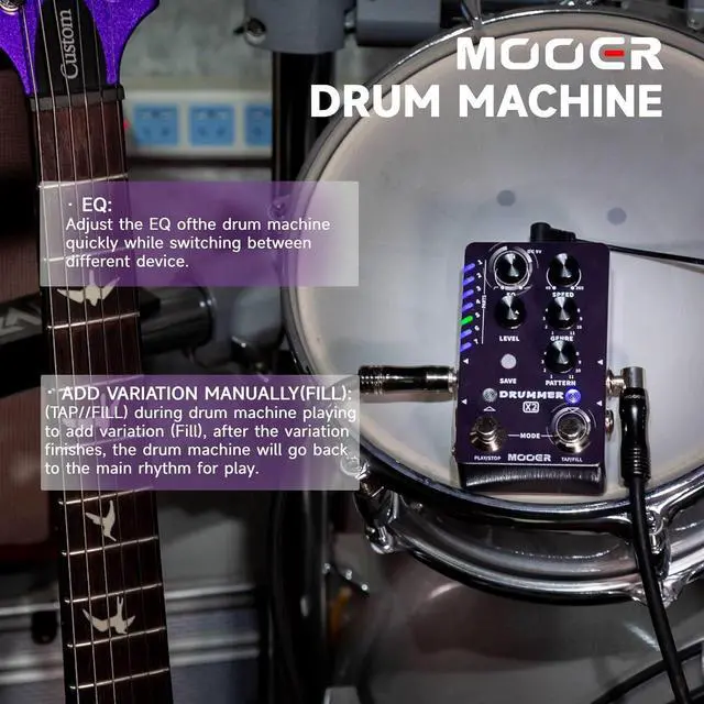 Alt view image 3 of 6 - Drum Machine Guitar Pedal with 121 Drum Grooves 11 Music Styles 7 Rhythm Slots Fill Function Tap Tempo Knob for Electric Guitar Bass (X2)
