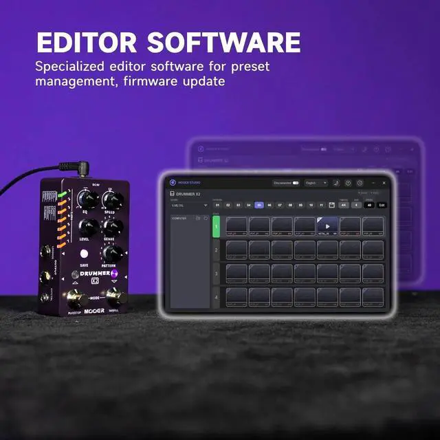 Alt view image 4 of 6 - Drum Machine Guitar Pedal with 121 Drum Grooves 11 Music Styles 7 Rhythm Slots Fill Function Tap Tempo Knob for Electric Guitar Bass (X2)