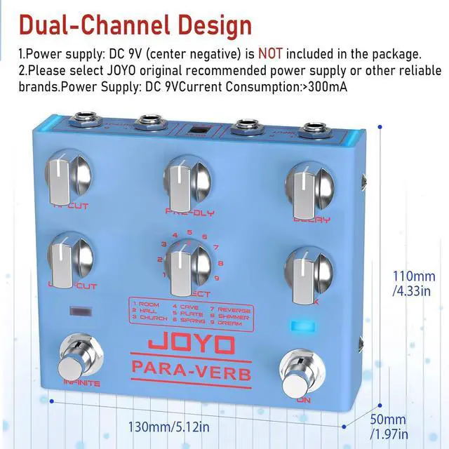 Alt view image 5 of 6 - Reverb Pedal Digital Stereo Guitar Pedal with 9 Reverb Effects Infinite & Trail Functions for Electric Guitar - True Bypass (PARA-VERB R-31)