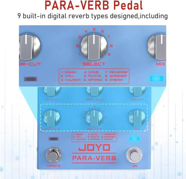 Alt view image 2 of 6 - Reverb Pedal Digital Stereo Guitar Pedal with 9 Reverb Effects Infinite & Trail Functions for Electric Guitar - True Bypass (PARA-VERB R-31)