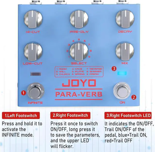 Alt view image 4 of 6 - Reverb Pedal Digital Stereo Guitar Pedal with 9 Reverb Effects Infinite & Trail Functions for Electric Guitar - True Bypass (PARA-VERB R-31)