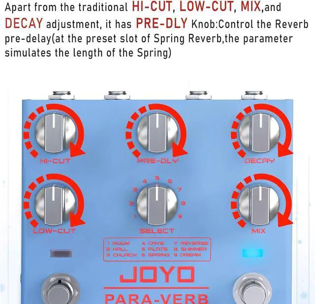 Alt view image 3 of 6 - Reverb Pedal Digital Stereo Guitar Pedal with 9 Reverb Effects Infinite & Trail Functions for Electric Guitar - True Bypass (PARA-VERB R-31)