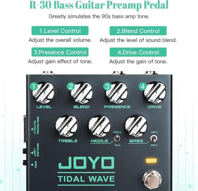 Alt view image 2 of 6 - Bass Guitar Pedals Preamp Overdrive Pedal with EQ and Noise Reduction DI Output for Pop Funk Metal Bassist Electric Guitar (TIDAL WAVE R-30)