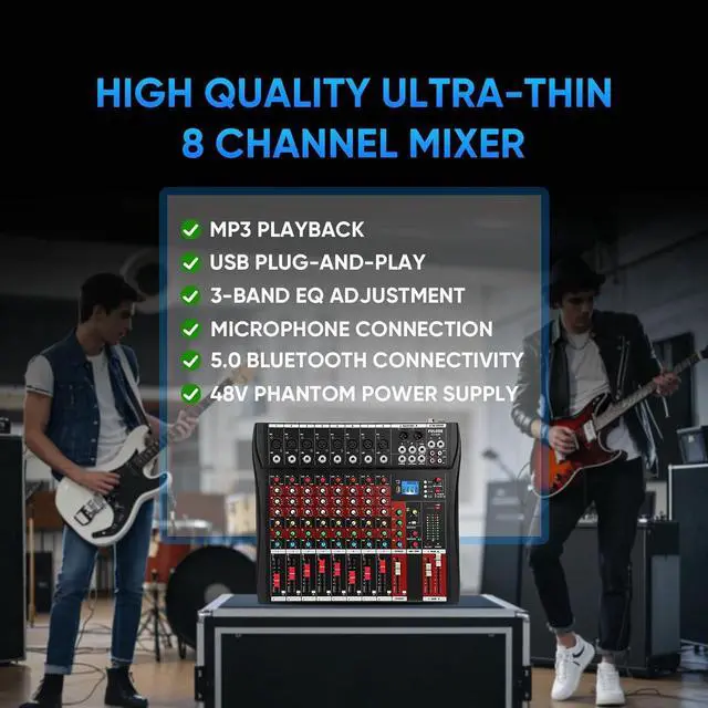 Alt view image 2 of 7 - Audio Mixer 8 Channel, CT-80S Professional Sound System Mixer Board DJ Mixing Console with Reverb MP3 Player Bluetooth 48V Phantom Power Supply USB Recording for Studio Karaoke Live Music