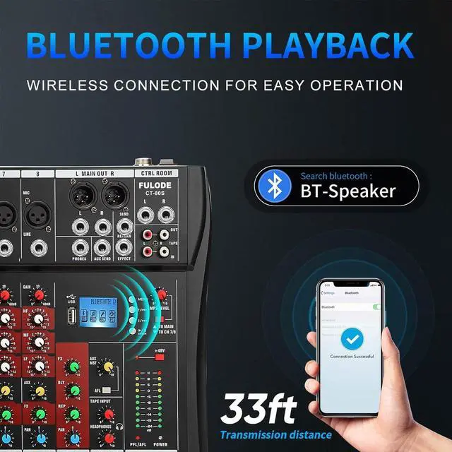 Alt view image 3 of 7 - Audio Mixer 8 Channel, CT-80S Professional Sound System Mixer Board DJ Mixing Console with Reverb MP3 Player Bluetooth 48V Phantom Power Supply USB Recording for Studio Karaoke Live Music