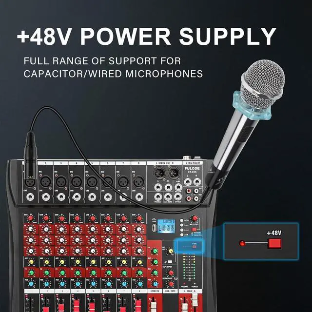 Alt view image 6 of 7 - Audio Mixer 8 Channel, CT-80S Professional Sound System Mixer Board DJ Mixing Console with Reverb MP3 Player Bluetooth 48V Phantom Power Supply USB Recording for Studio Karaoke Live Music
