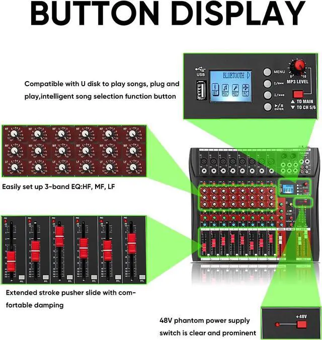 Alt view image 7 of 7 - Audio Mixer 8 Channel, CT-80S Professional Sound System Mixer Board DJ Mixing Console with Reverb MP3 Player Bluetooth 48V Phantom Power Supply USB Recording for Studio Karaoke Live Music