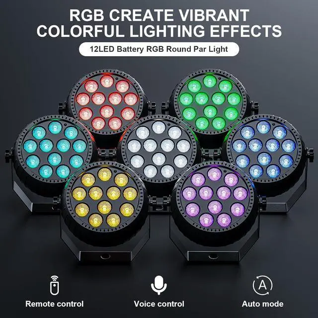 Alt view image 3 of 7 - Rechargeable Mini Par Lights, Wireless 12 RGB Battery Powered Stage Lights, Sound Activated Remote Control Par Can Uplights for Indoor Outdoor Events Wedding Party Church Club Stage Lighting (4 Pack)