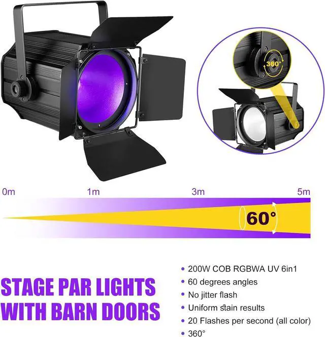 Alt view image 4 of 7 - 200W COB Stage Lights with Barn Doors, RGBWA 6in1 LED Par Light with DMX512 Master-Slave Fresnel DJ Spotlight for Events DJ Disco Festival Wedding Party Wedding KTV Christmas