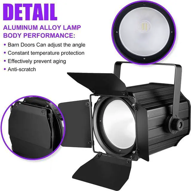 Alt view image 5 of 7 - 200W COB Stage Lights with Barn Doors, RGBWA 6in1 LED Par Light with DMX512 Master-Slave Fresnel DJ Spotlight for Events DJ Disco Festival Wedding Party Wedding KTV Christmas