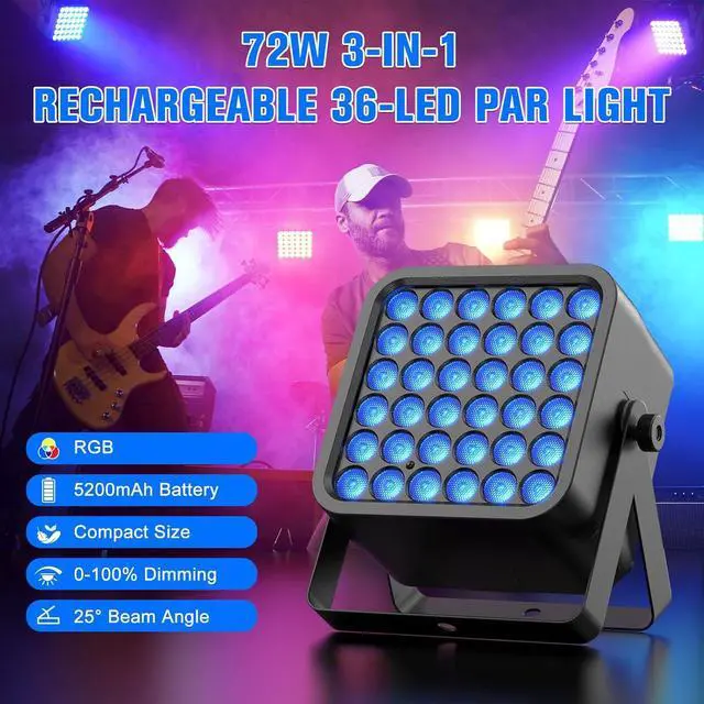 Alt view image 2 of 7 - Rechargeable Par Can Lights, 72W RGB 5200mAh Uplights Battery Powered Stage Light, Wireless DJ Lights Sound Activated with Remote & DMX Control for Festivals, Weddings, Bars, Churches, DJ (1 Pack)