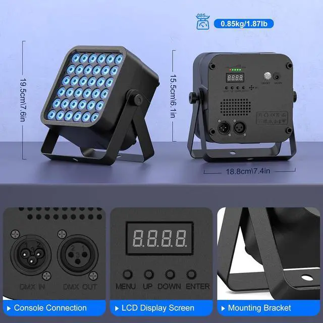 Alt view image 6 of 7 - Rechargeable Par Can Lights, 72W RGB 5200mAh Uplights Battery Powered Stage Light, Wireless DJ Lights Sound Activated with Remote & DMX Control for Festivals, Weddings, Bars, Churches, DJ (1 Pack)