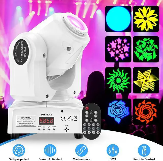 Alt view image 2 of 7 - 60W RGBW Moving Head DJ Lights,LED Spotlights with Remote 8 GOBO 8 Pattern Stage Lighting by DMX and Sound Activated Control DJ Lights for Parties Decoration Live Band Show Club