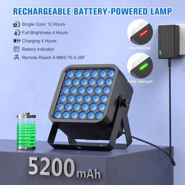Alt view image 4 of 7 - Rechargeable Par Can Lights, 72W RGB 5200mAh Uplights Battery Powered Stage Light, Wireless DJ Lights Sound Activated with Remote & DMX Control for Festivals, Weddings, Bars, Churches, DJ (1 Pack)