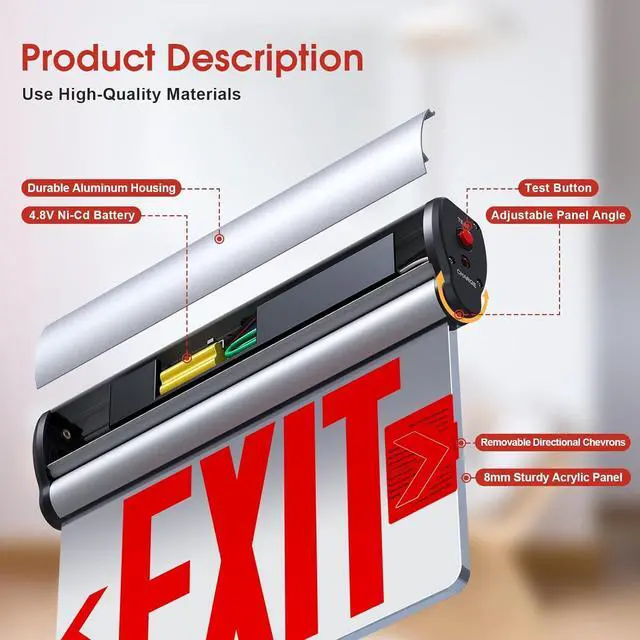 Alt view image 2 of 6 - Led Edge-Lit Exit Sign ,Brushed Aluminum Housing Double-Sided Mirrored Rotating Acrylic Panel,Hardwired Emergency Exit Signs with Battery Backup, 120V-347VAC,Red Led Emergency Exit Light (1 Pack)