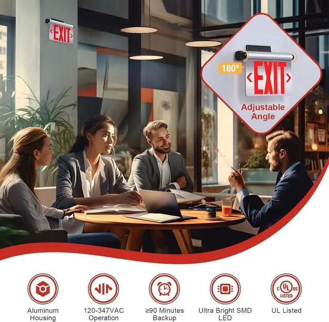 Alt view image 4 of 6 - Led Edge-Lit Exit Sign ,Brushed Aluminum Housing Double-Sided Mirrored Rotating Acrylic Panel,Hardwired Emergency Exit Signs with Battery Backup, 120V-347VAC,Red Led Emergency Exit Light (1 Pack)