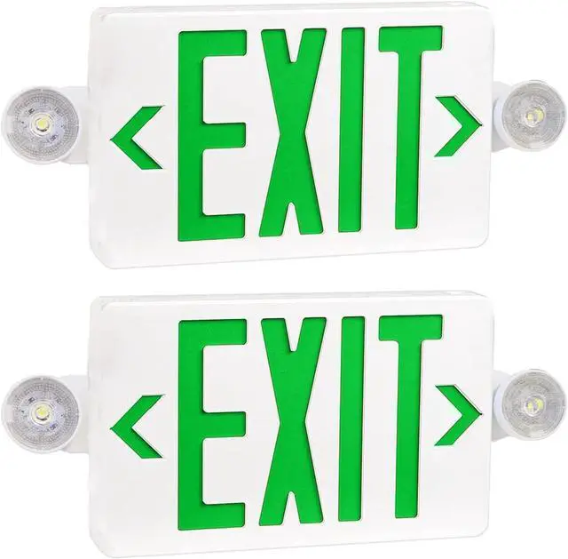 Main image of Green LED Exit Sign with Emergency Lights, Two Adjustable Head Emergency Exit Lights with Battery Backup, Dual LED Lamp ABS Fire Resistance UL-Listed 120-277V (Green, 2 Pack)