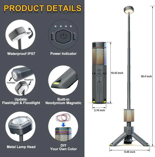 Alt view image 2 of 6 - Camping Lantern Rechargeable, Telescoping-Camping-Lights, 10500mAh Capacity Battery Powered,Outdoor-Lantern for Hiking/Adventure/Power Outages, IPX7 Water Resistant(Dark Grey)