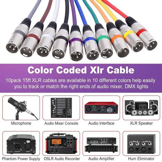 Alt view image 2 of 7 - 10 Color XLR Cable, Multicolor XLR Male to Female 15ft Audio Cables 10 Pack, 3 Pin Balanced XLR Microphone Cables Color Boots XLR Mic Cord Ideal for Microphones, Live Stage, Speaker, Audio Mixer