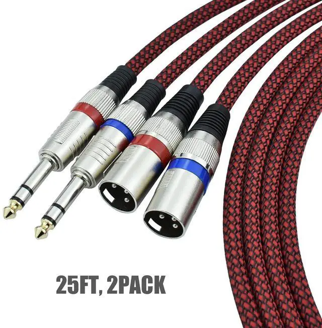 Alt view image 2 of 7 - XLR Male to 1/4" TRS Cable Balanced - 25FT Quarter Inch Stereo to XLR Microphone Cord Adapter, Nylon Braided, OFC Shielded, Red Color, for Mixer, Monitor Speaker, Audio Interface, 2Pack