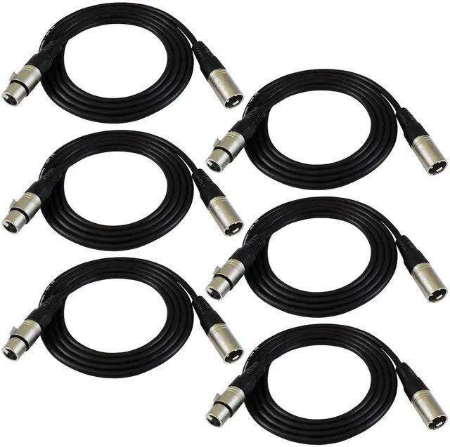 Main image of 6ft Patch Cable Cords - XLR Male to XLR Female Black Cables - 6' Balanced Snake Cord - Pack of 6