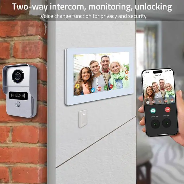 Alt view image 2 of 7 - 2-Wire Video Intercom System, 7 Inch 1080P Touchscreen WiFi Video Doorbell Door Phone System, No Monthly Fees, Snapshot, Monitoring Tuya App Card Unlock for Home Apartment (Monitor with WiFi)