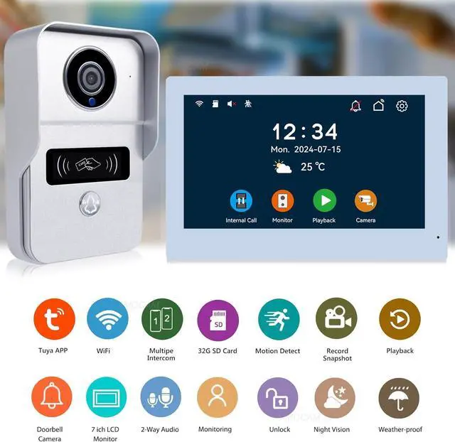 Alt view image 7 of 7 - 2-Wire Video Intercom System, 7 Inch 1080P Touchscreen WiFi Video Doorbell Door Phone System, No Monthly Fees, Snapshot, Monitoring Tuya App Card Unlock for Home Apartment (Monitor with WiFi)