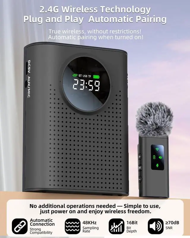 Alt view image 4 of 7 - Rechargeable Voice Amplifier Wireless Microphone for Teachers Classroom, Mini Lavalier Lapel Mic Clip Magnetic, Portable Bluetooth Speaker with LED Display for Class, Tour Guide, Coaches, Black