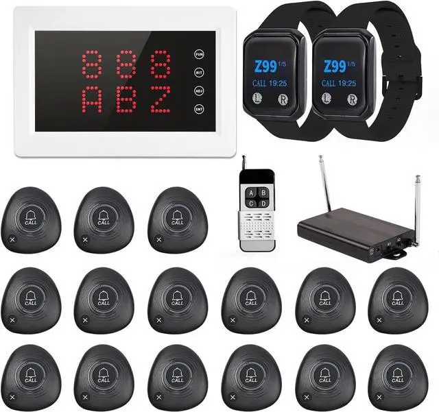 Main image of Restaurant Pager System Wireless Calling System 1200+ Feet with 1 Singal Amplifier/1 Display Receiver/2 Watch Pagers/15 Waterproof Call Buttons for Restaurant Cafe Church Clinic Hospital
