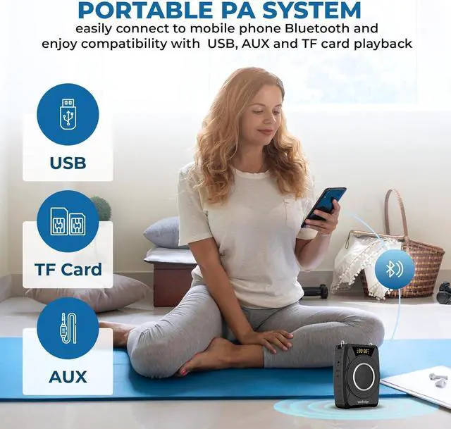 Alt view image 7 of 7 - Powerful Portable Voice Amplifier with Bluetooth5.0, Recording and UHF Wireless Microphone Headset - 20W Speaker System for Teachers, Singers, Coaches