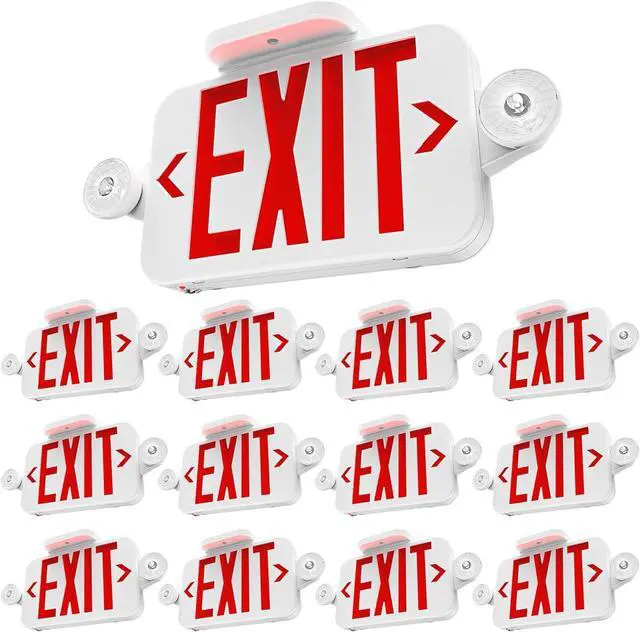 Main image of Sunco 12 Pack LED Exit Sign With Emergency Lights, Red, Two Mini Adjustable Lights, 94V-0 Fire Resistant, Backup Battery, 2.3W 6000K Daylight Deluxe, 200 Lumens 120-277V, Wall Or Ceiling Mount UL