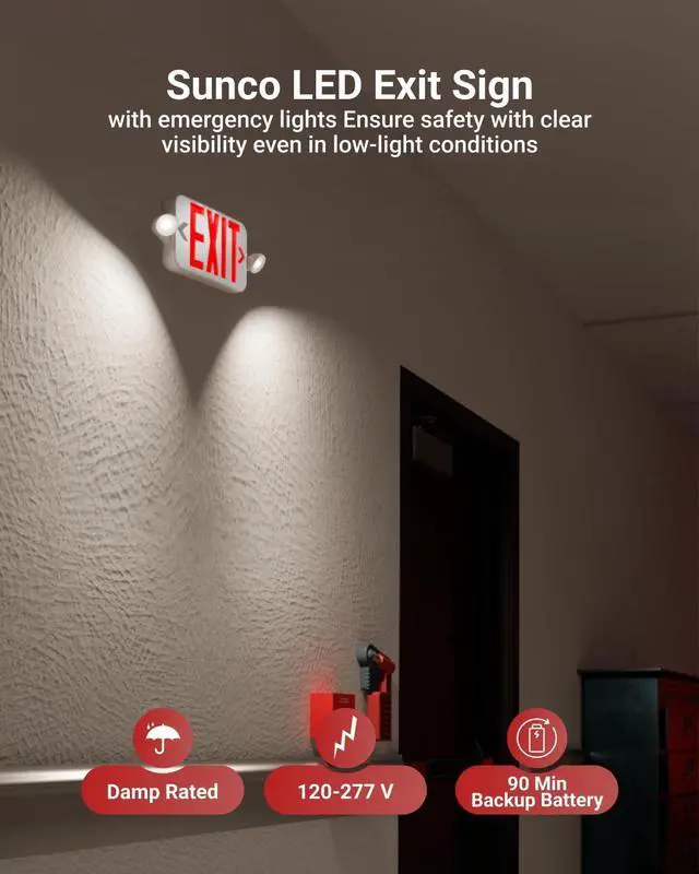 Alt view image 2 of 7 - Sunco 12 Pack LED Exit Sign With Emergency Lights, Red, Two Mini Adjustable Lights, 94V-0 Fire Resistant, Backup Battery, 2.3W 6000K Daylight Deluxe, 200 Lumens 120-277V, Wall Or Ceiling Mount UL