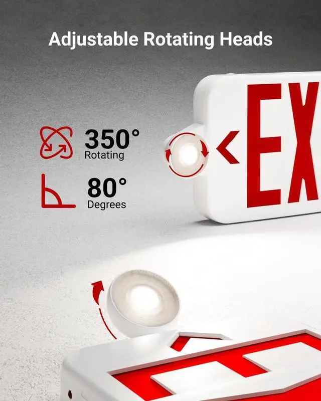 Alt view image 3 of 7 - Sunco 12 Pack LED Exit Sign With Emergency Lights, Red, Two Mini Adjustable Lights, 94V-0 Fire Resistant, Backup Battery, 2.3W 6000K Daylight Deluxe, 200 Lumens 120-277V, Wall Or Ceiling Mount UL